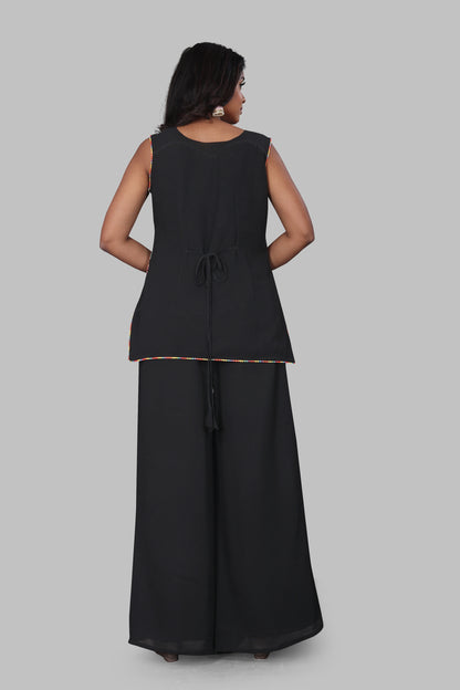 Jet Black Floral Embroidered Sharara Suit – Sleeveless Georgette Tunic with Wide Leg Palazzos and Dupatta