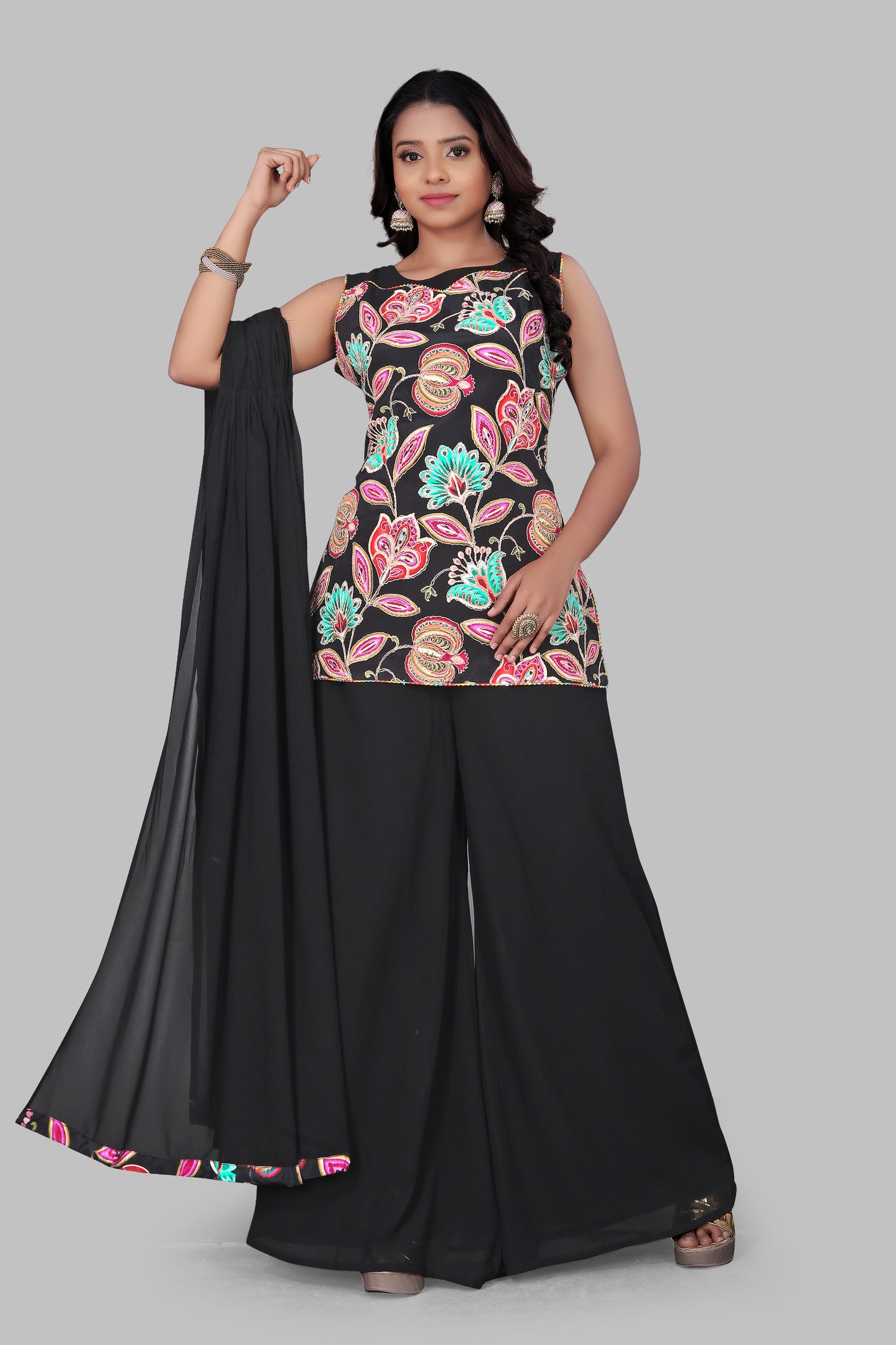 Jet Black Floral Embroidered Sharara Suit – Sleeveless Georgette Tunic with Wide Leg Palazzos and Dupatta
