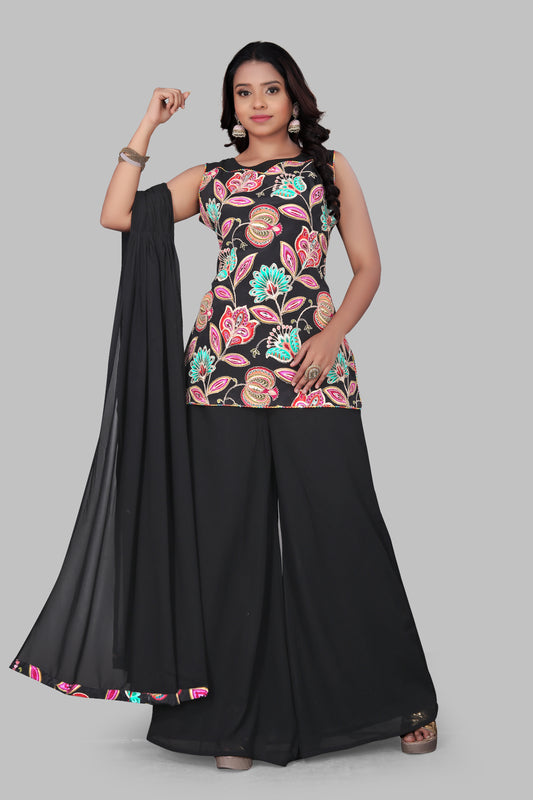Jet Black Floral Embroidered Sharara Suit – Sleeveless Georgette Tunic with Wide Leg Palazzos and Dupatta