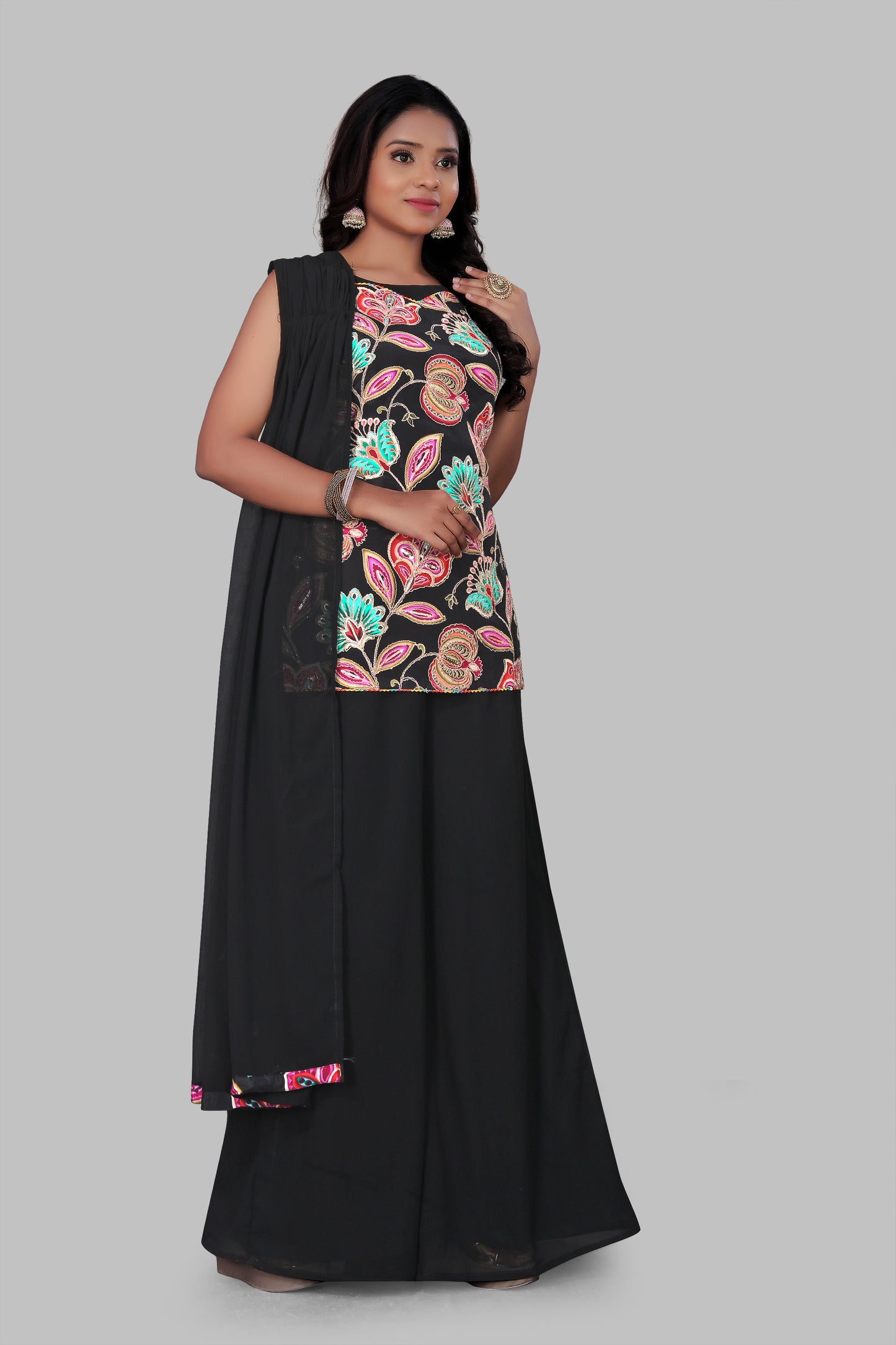 Jet Black Floral Embroidered Sharara Suit – Sleeveless Georgette Tunic with Wide Leg Palazzos and Dupatta
