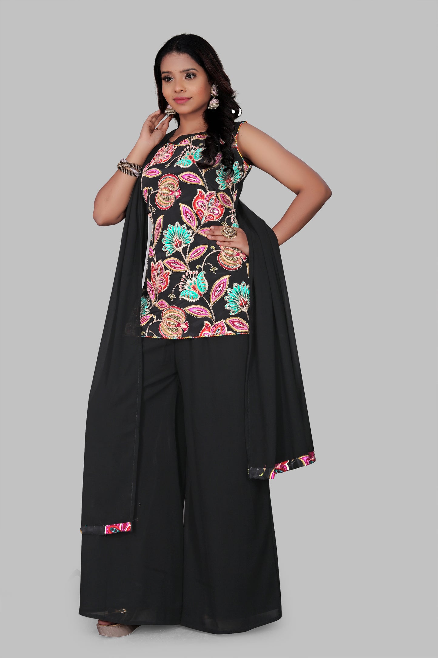 Jet Black Floral Embroidered Sharara Suit – Sleeveless Georgette Tunic with Wide Leg Palazzos and Dupatta
