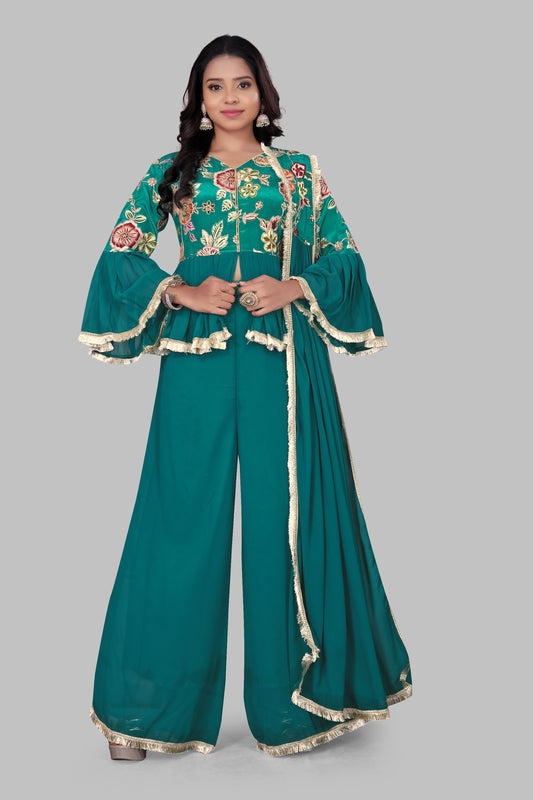 Teal Green Peplum Sharara Suit with Ruffled Bell Sleeves – 3-Piece Floral Embroidered Ethnic Set