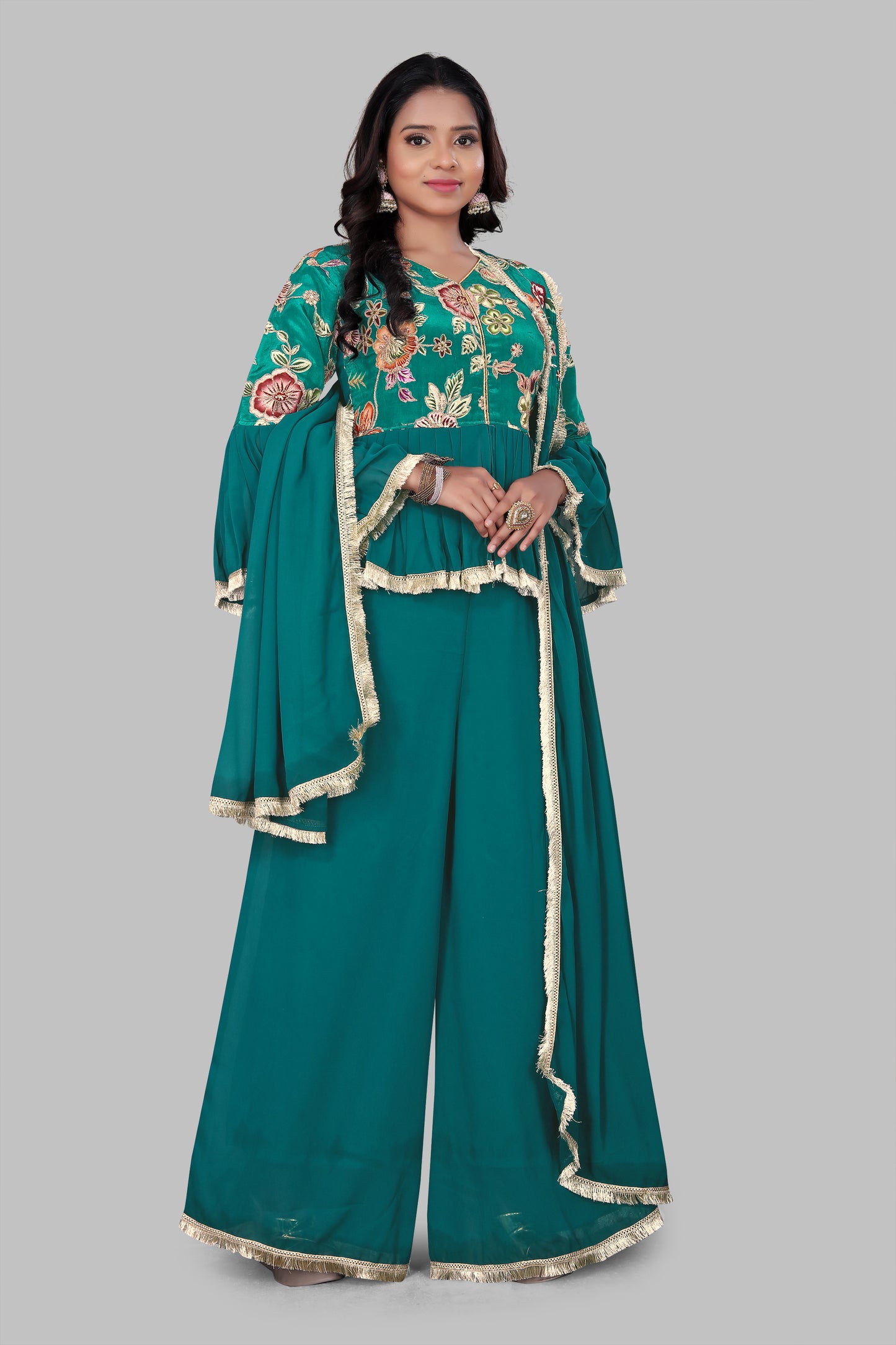 Teal Green Peplum Sharara Suit with Ruffled Bell Sleeves – 3-Piece Floral Embroidered Ethnic Set