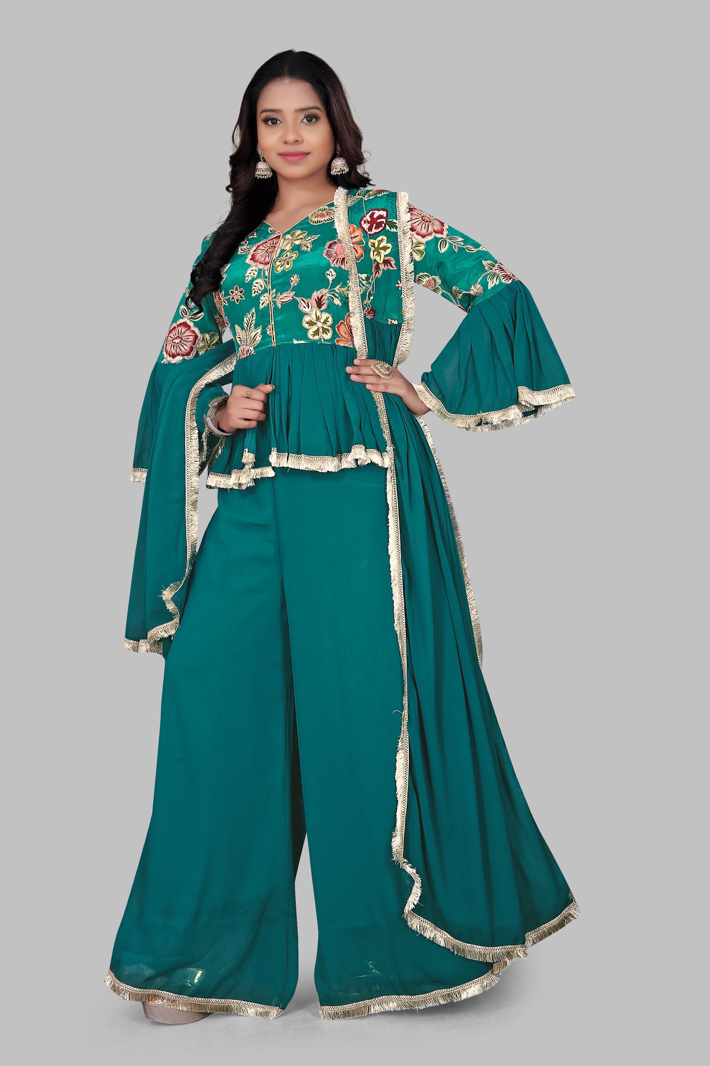 Teal Green Peplum Sharara Suit with Ruffled Bell Sleeves – 3-Piece Floral Embroidered Ethnic Set