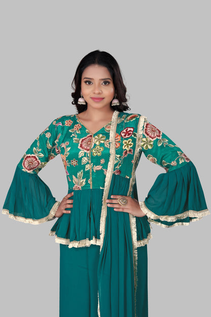 Teal Green Peplum Sharara Suit with Ruffled Bell Sleeves – 3-Piece Floral Embroidered Ethnic Set
