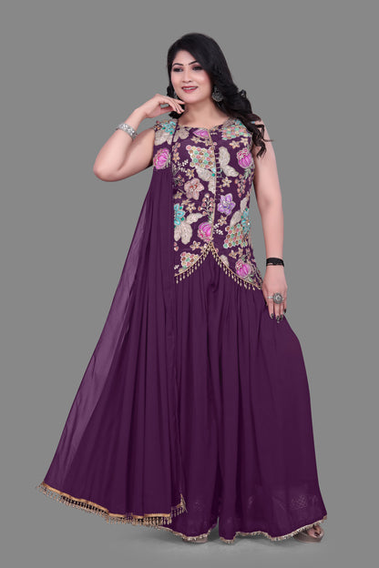Women's Purple Georgette Embroidered Sharara Suit Set with Short Jacket Kurta and Dupatta – Ethnic Party Wear