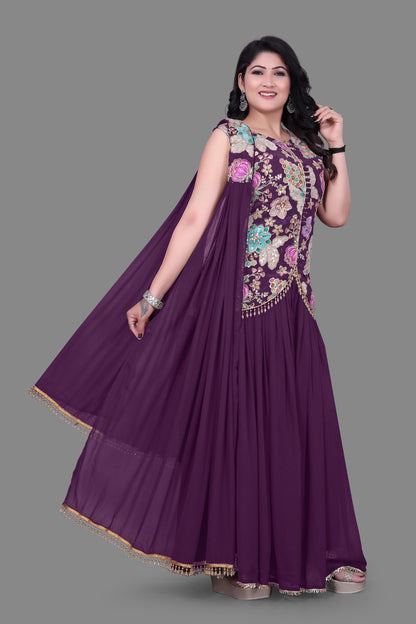 Women's Purple Georgette Embroidered Sharara Suit Set with Short Jacket Kurta and Dupatta – Ethnic Party Wear