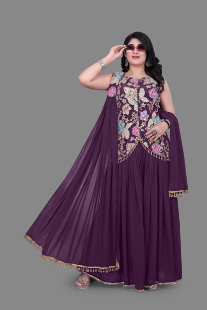 Women's Purple Georgette Embroidered Sharara Suit Set with Short Jacket Kurta and Dupatta – Ethnic Party Wear