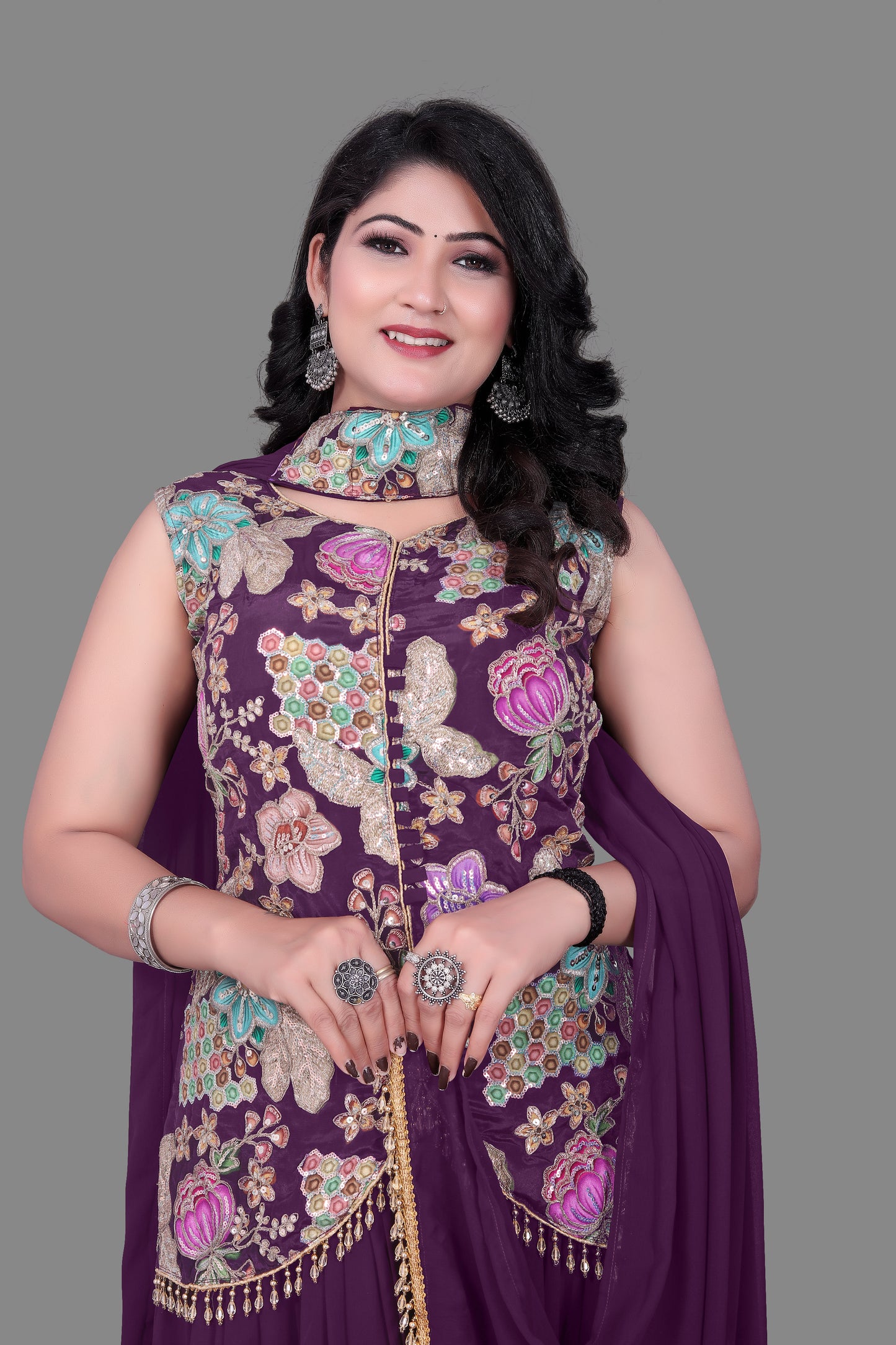 Women's Purple Georgette Embroidered Sharara Suit Set with Short Jacket Kurta and Dupatta – Ethnic Party Wear