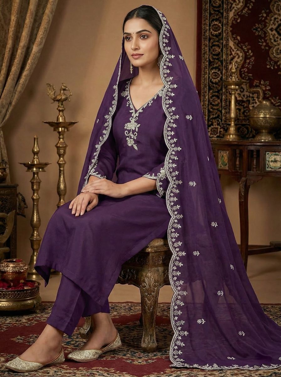 Women's Purple Embroidered Straight Suit Set with Trousers