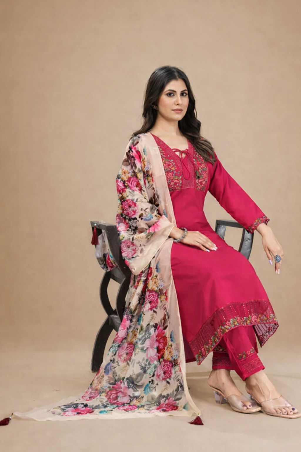 Magenta Silk Blend Salwar Kameez with Floral V-Neck Embroidery and Digital Print Organza Dupatta