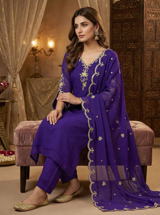 Women's Royal Blue Embroidered Straight Suit Set with Trousers