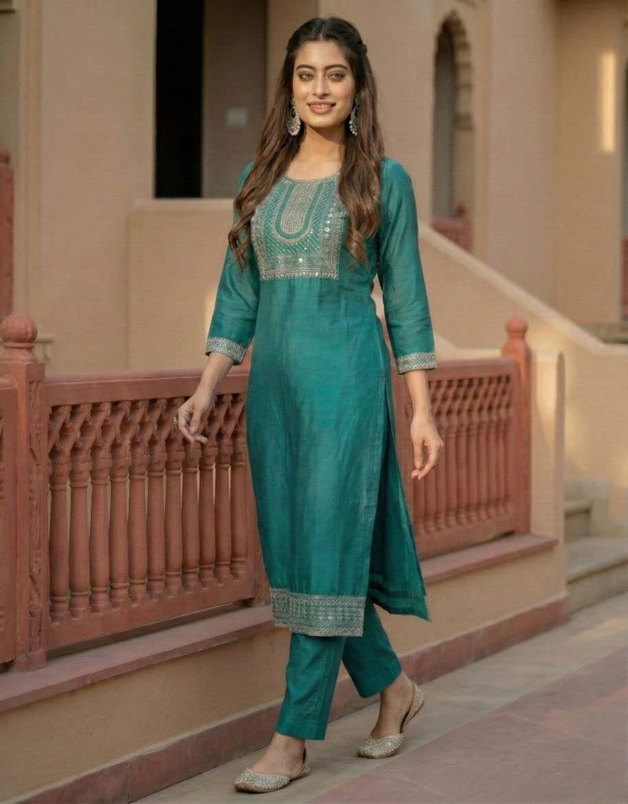 Women's Teal-Blue Cotton Blend Embroidered Straight Kurta