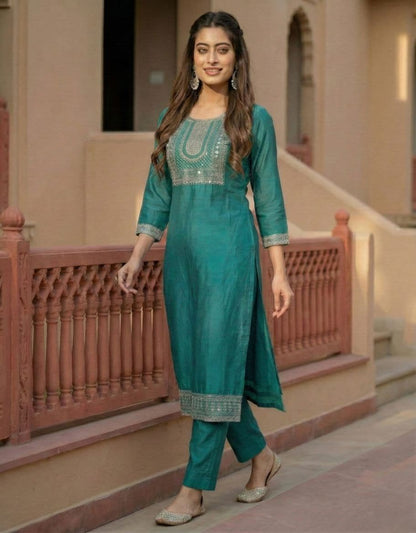 Women's Teal-Blue Cotton Blend Embroidered Straight Kurta