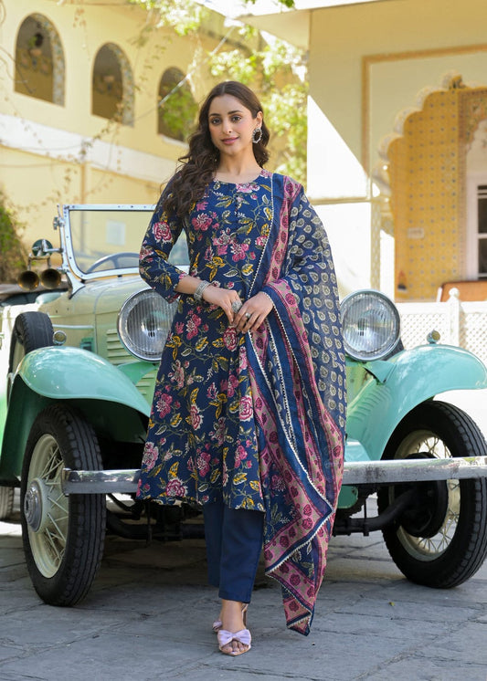 Women's Blue Embroidered Straight Suit Set with Trousers