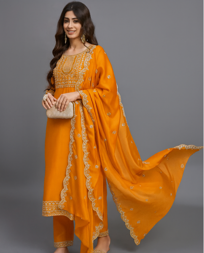 Mustard Yellow Silk Embroidered Salwar Kameez Set with Scalloped Dupatta – Vibrant Haldi Ceremony & Wedding Wear Suit