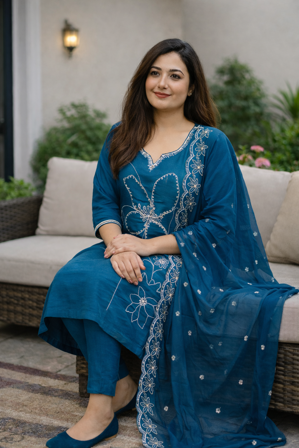 Teal Blue Floral Embroidered Kurta Set with Scalloped Dupatta – 3-Piece Ethnic Suit for Women