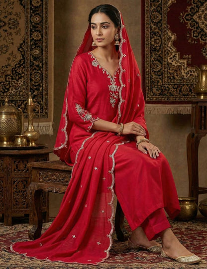 Women's Red Embroidered Straight Suit Set with Trousers