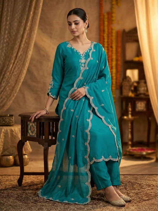 Women's Teal Blue Embroidered Straight Kurti With Dupatta & Bottomwear