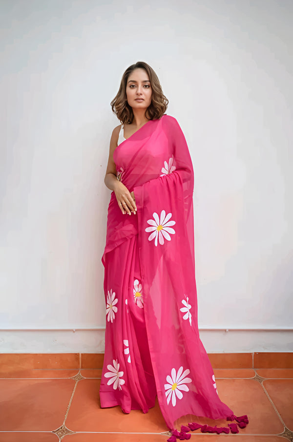 Hot Pink Organza Saree with Hand-Painted Daisy Florals and Tassel Details