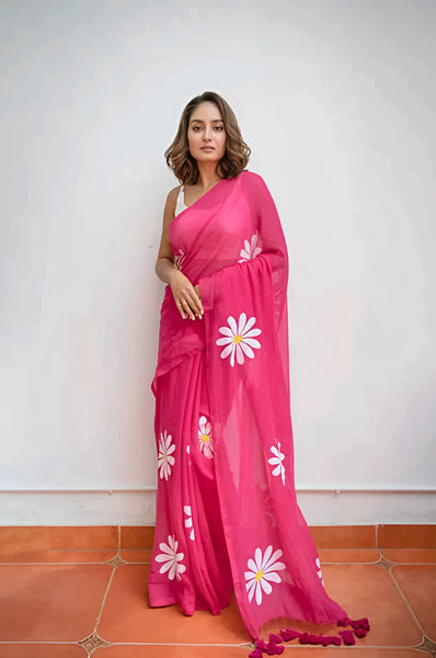 Hot Pink Organza Saree with Hand-Painted Daisy Florals and Tassel Details