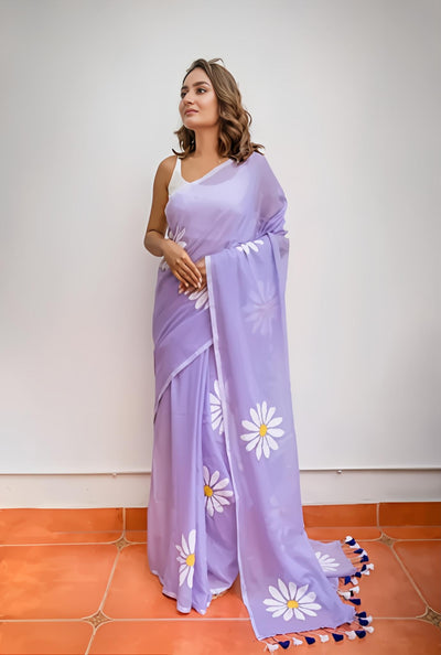 Hot Purple Organza Saree with Hand-Painted Daisy Florals and Tassel Details