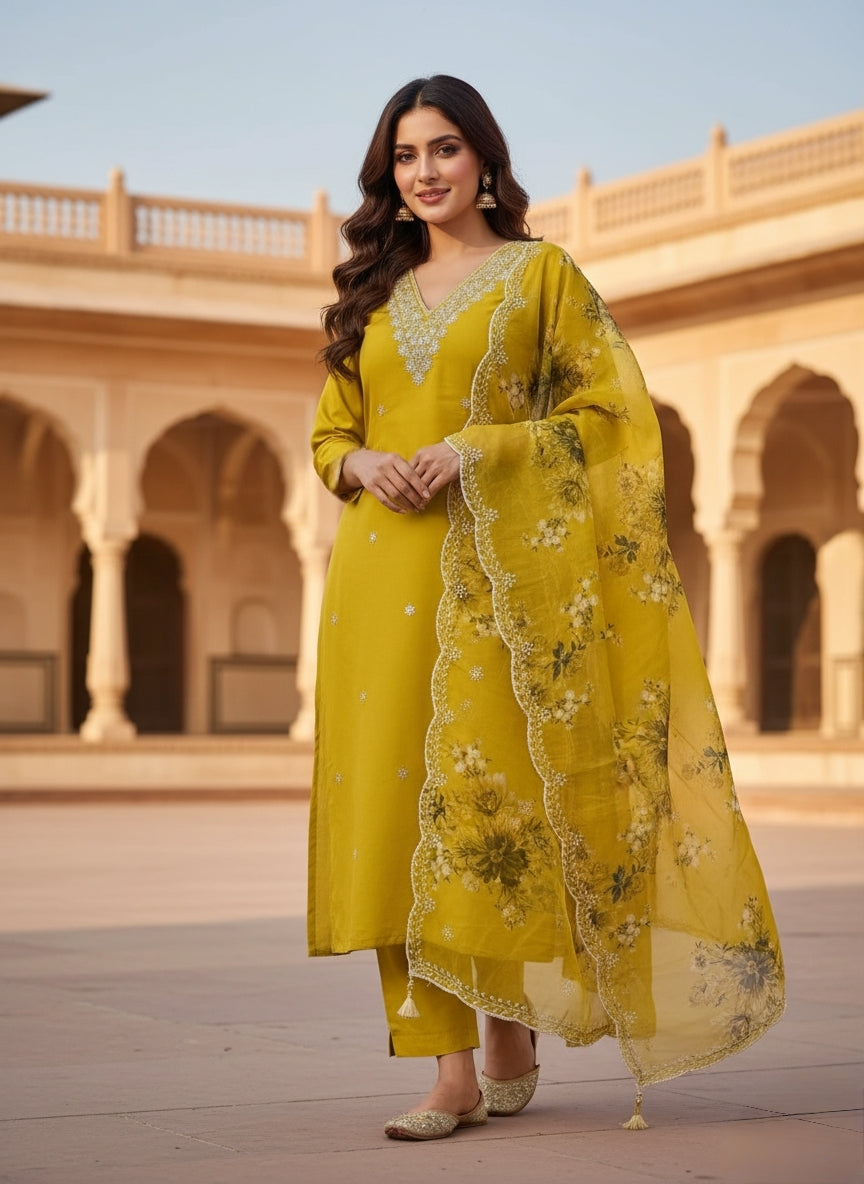 Elegant Silk V-Neck Kurta Set with Floral Print Organza Dupatta - 3 Piece Set