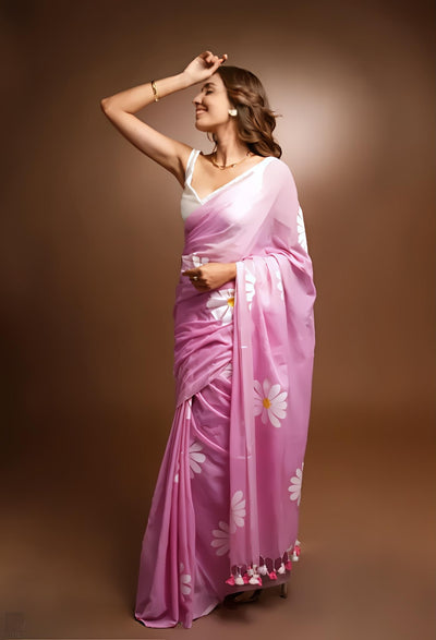 Hot Pink Organza Saree with Hand-Painted Daisy Florals and Tassel Details