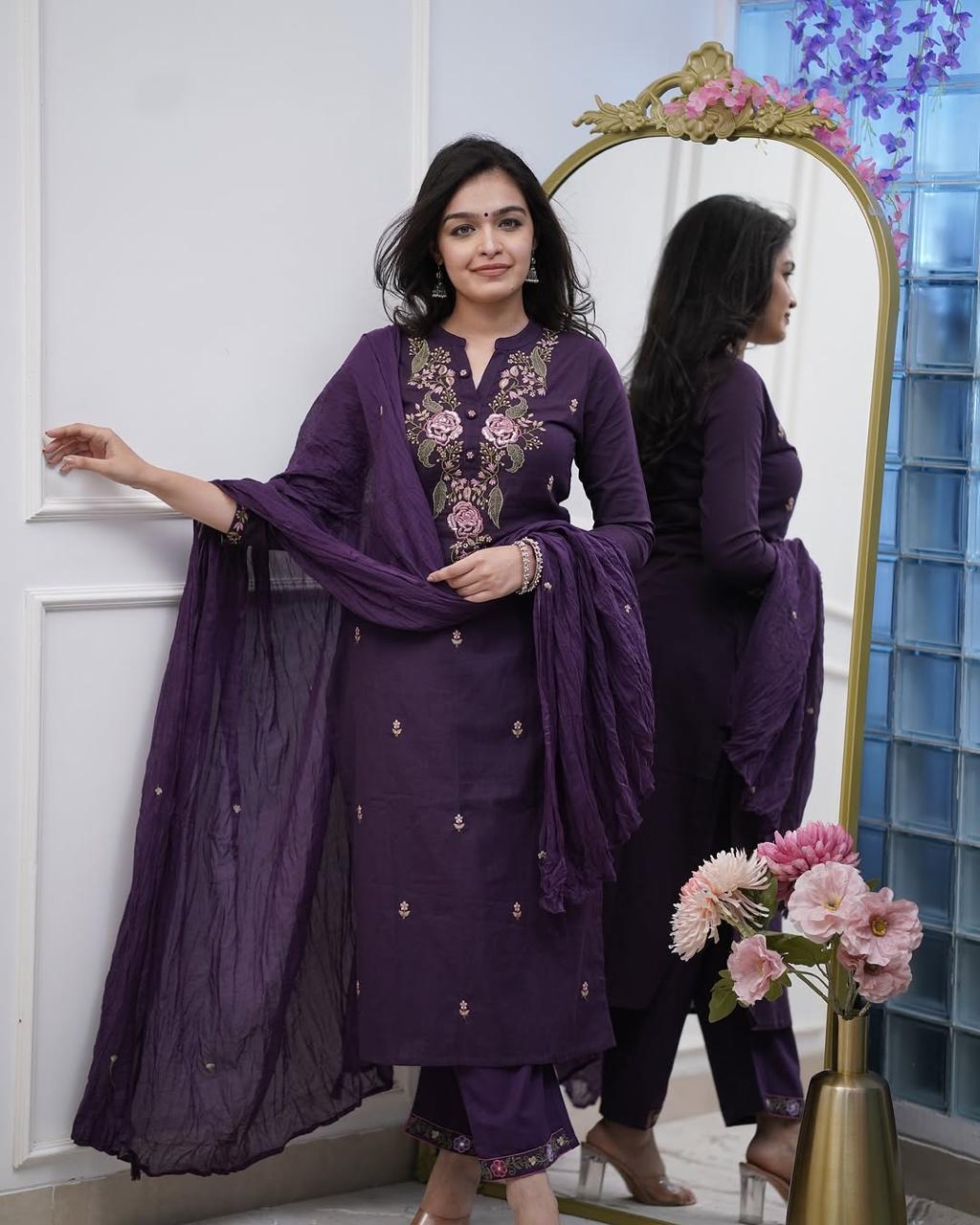 Royal Wine Embroidered Cotton Silk Kurta Set with Chiffon Dupatta