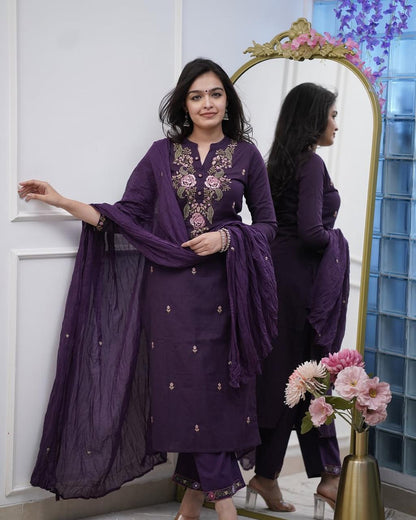Royal Wine Embroidered Cotton Silk Kurta Set with Chiffon Dupatta