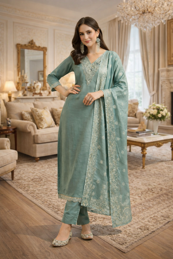 Seafoam Green Silk Blend Salwar Kameez with Intricate Lace V-Neck & Embroidered Organza Dupatta