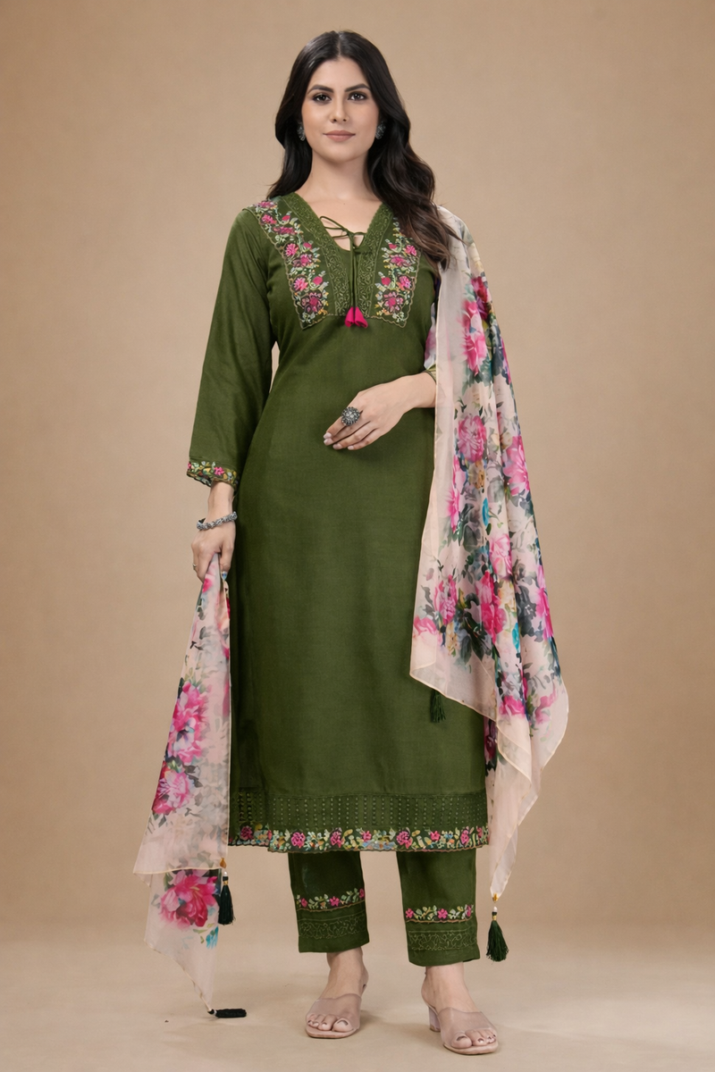 Olive Green Silk Kurta Set with Floral Embroidery and Digital Print Floral Organza Dupatta