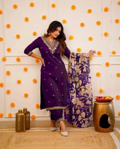 Royal Purple Silk Embroidered Kurta Set with Floral Organza Scalloped Dupatta