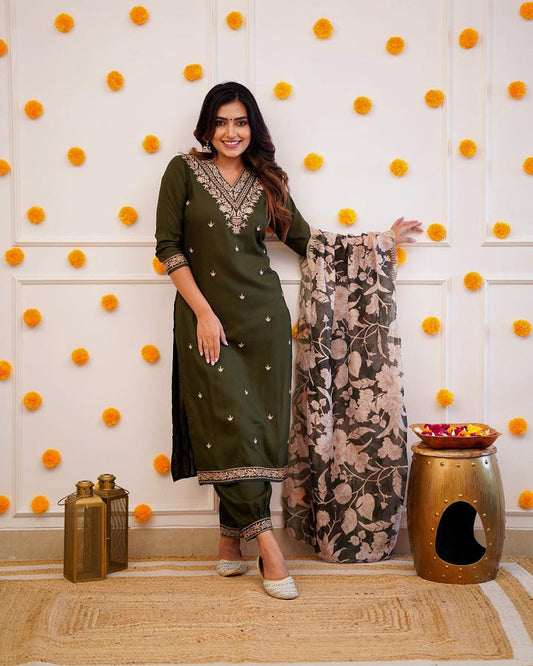 Olive Green Silk Embroidered Kurta Set with Floral Organza Scalloped Dupatta