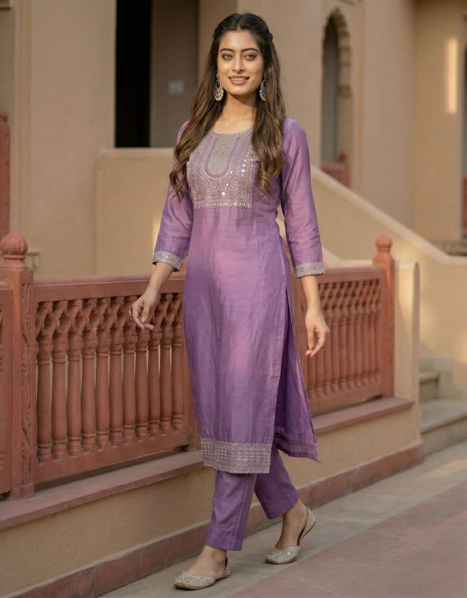 Women's Purple Cotton Blend Embroidered Straight Kurta