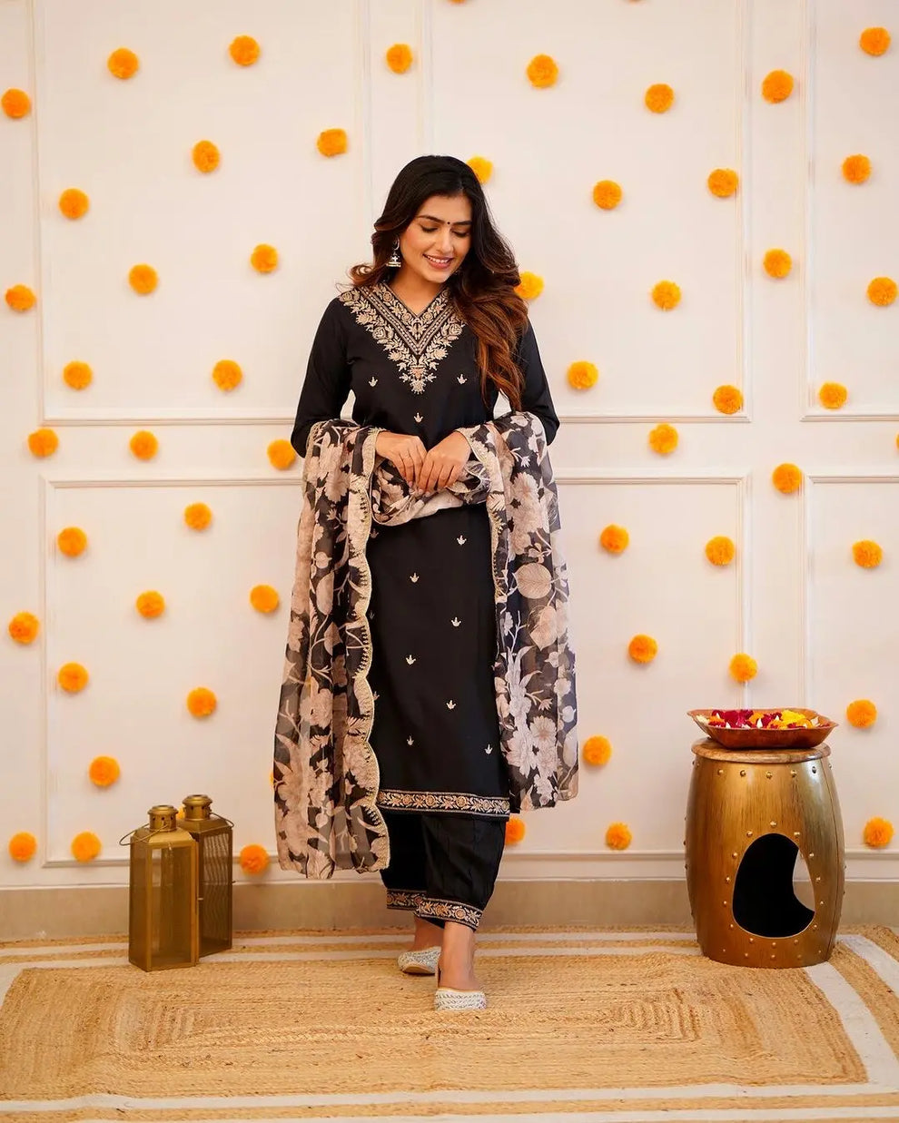 Jet Black Silk Embroidered Kurta Set with Floral Organza Scalloped Dupatta
