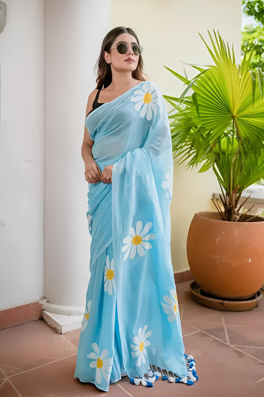 Hot Blue Organza Saree with Hand-Painted Daisy Florals and Tassel Details (Copy)