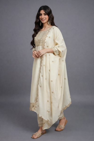 Elegant Cream Ivory Silk Embroidered Salwar Suit with Scalloped Dupatta – Sophisticated Ethnic Party Wear for Women