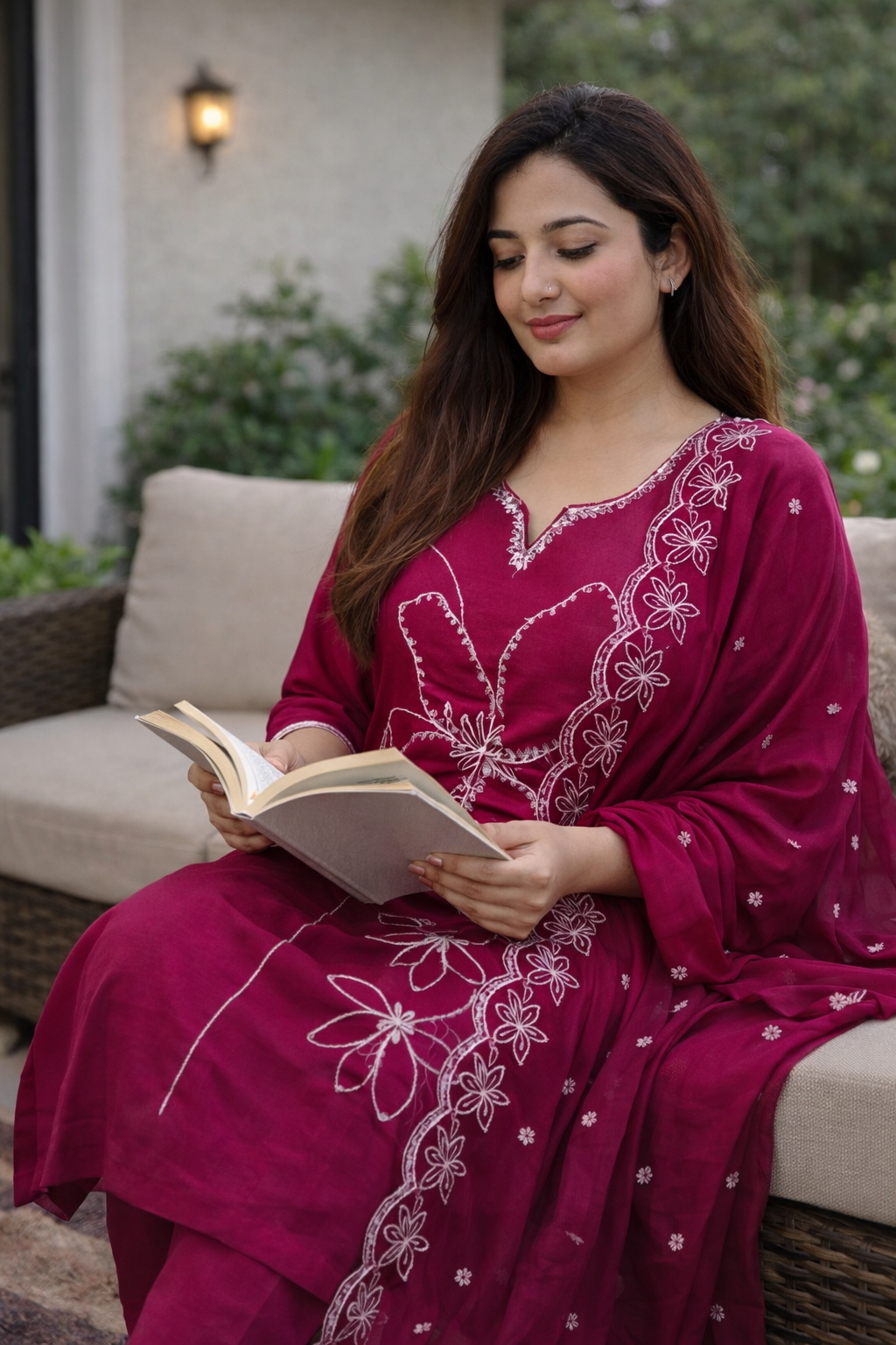 Magenta Pink Floral Embroidered Kurta Set – Festive 3-Piece Suit with Scalloped Border Dupatta