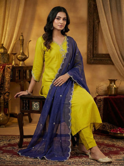 Women's Yellow Embroidered Straight Suit Set with Trousers