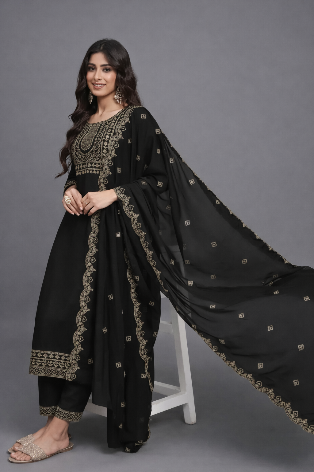Elegant Black Embroidered Kurta Set with Dupatta – Ethnic Zari Work Salwar Suit for Women