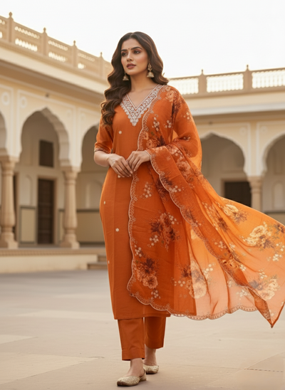 Burnt Orange Embroidered Kurta Set with Floral Organza Dupatta