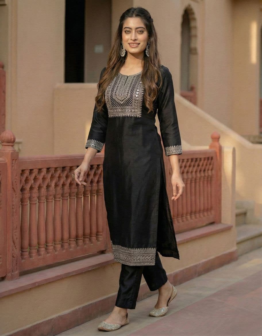 Women's Black Cotton Blend Embroidered Straight Kurta