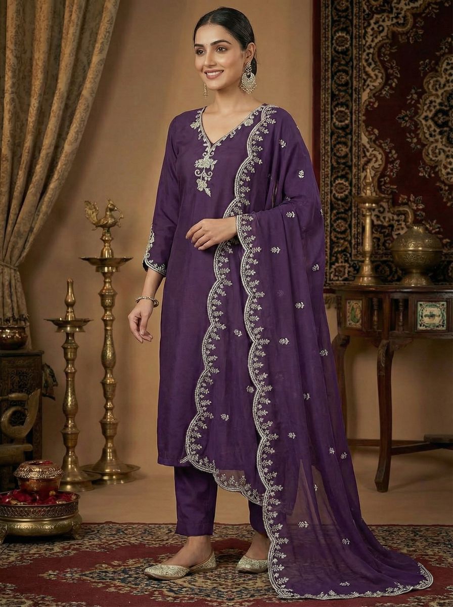 Women's Purple Embroidered Straight Suit Set with Trousers