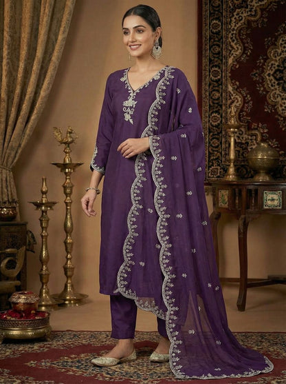 Women's Purple Embroidered Straight Suit Set with Trousers