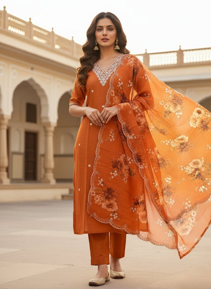 Burnt Orange Embroidered Kurta Set with Floral Organza Dupatta