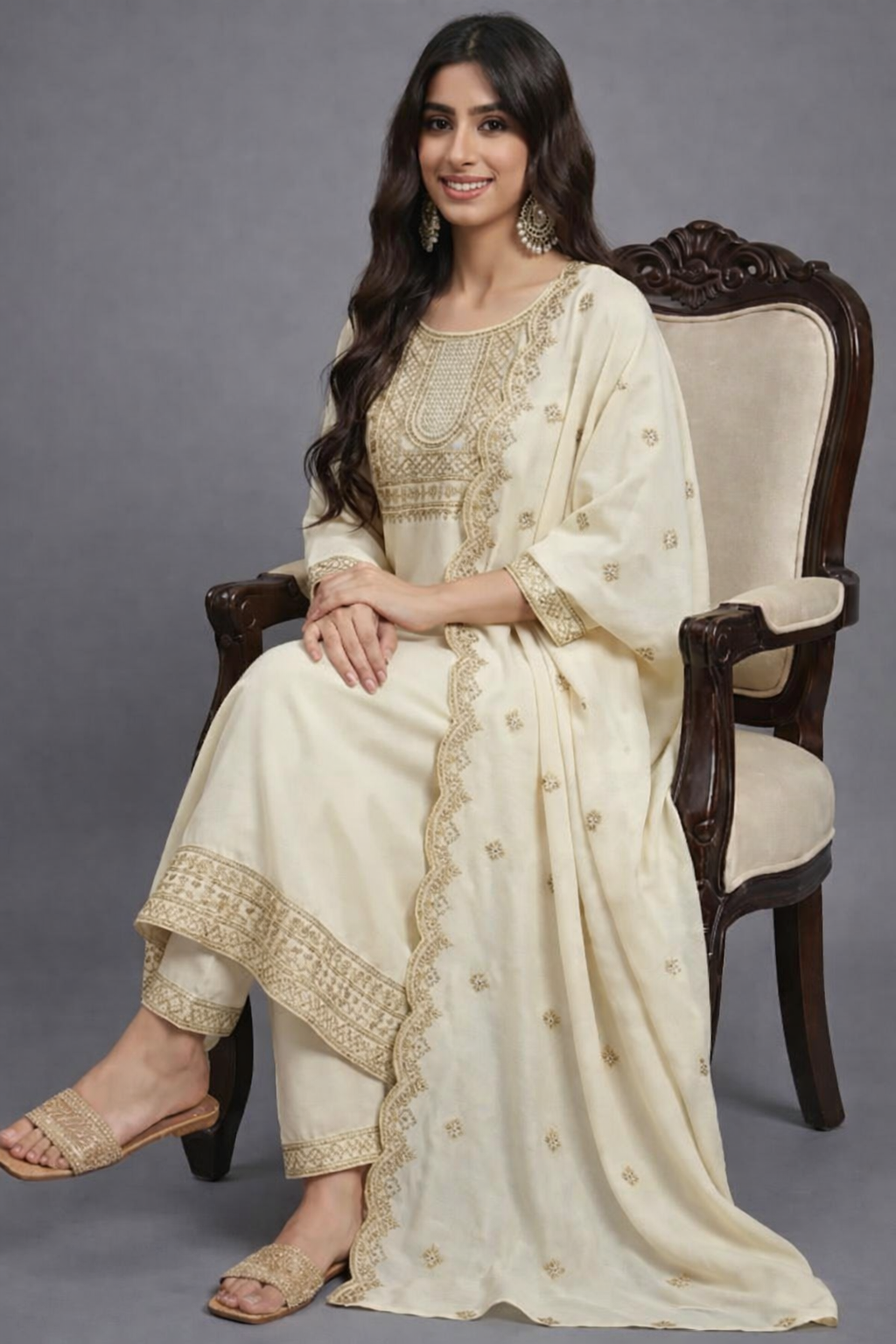 Elegant Cream Ivory Silk Embroidered Salwar Suit with Scalloped Dupatta – Sophisticated Ethnic Party Wear for Women
