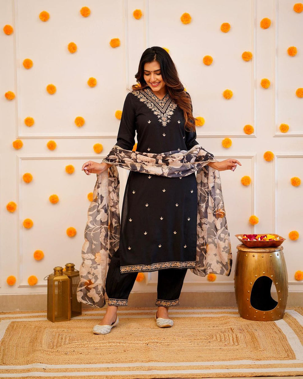 Jet Black Silk Embroidered Kurta Set with Floral Organza Scalloped Dupatta