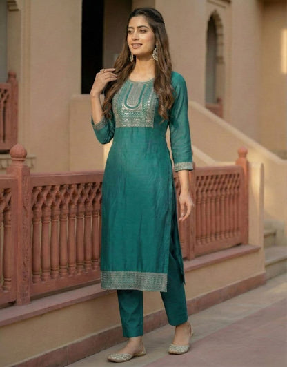 Women's Teal-Blue Cotton Blend Embroidered Straight Kurta