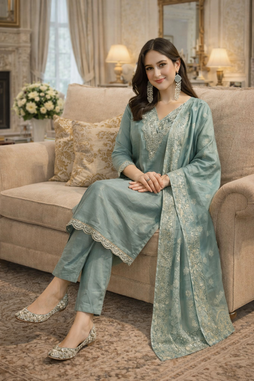 Seafoam Green Silk Blend Salwar Kameez with Intricate Lace V-Neck & Embroidered Organza Dupatta